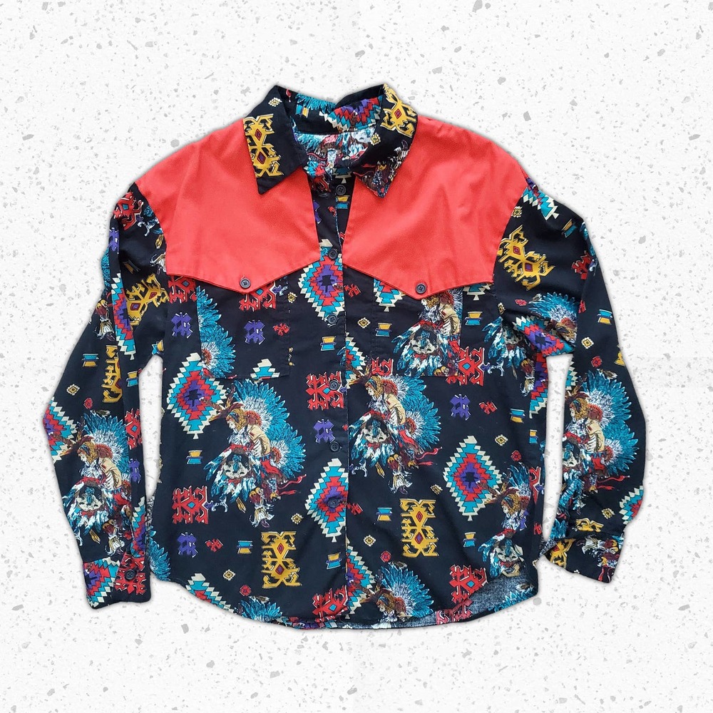 VTG 90s Native American Pow Wow Dancer Design All Over Print Western Shirt Sz L